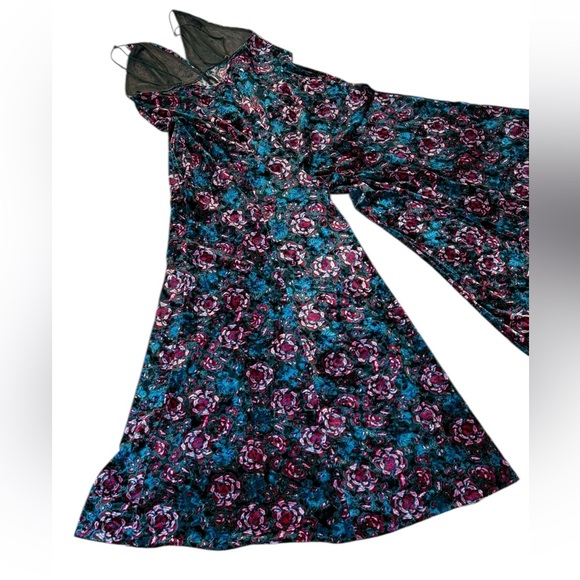 Free People Volcano Super Wide Leg Velvet Floral Jumpsuit Green Pink Size Large - Picture 11 of 15